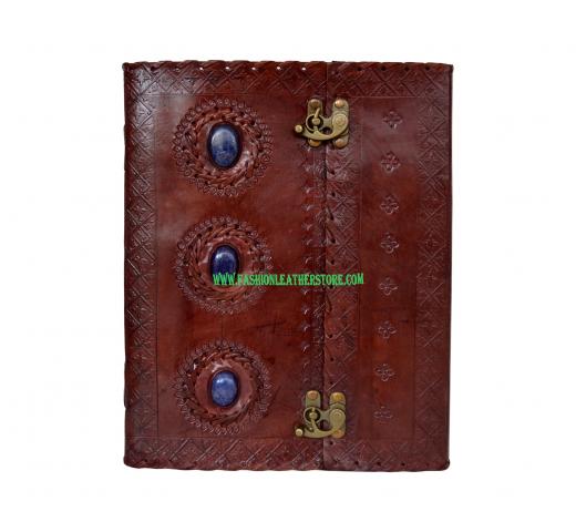 Large Triple Blue Stone Embossed Leather Bound Journal w/Double Swing Clasps